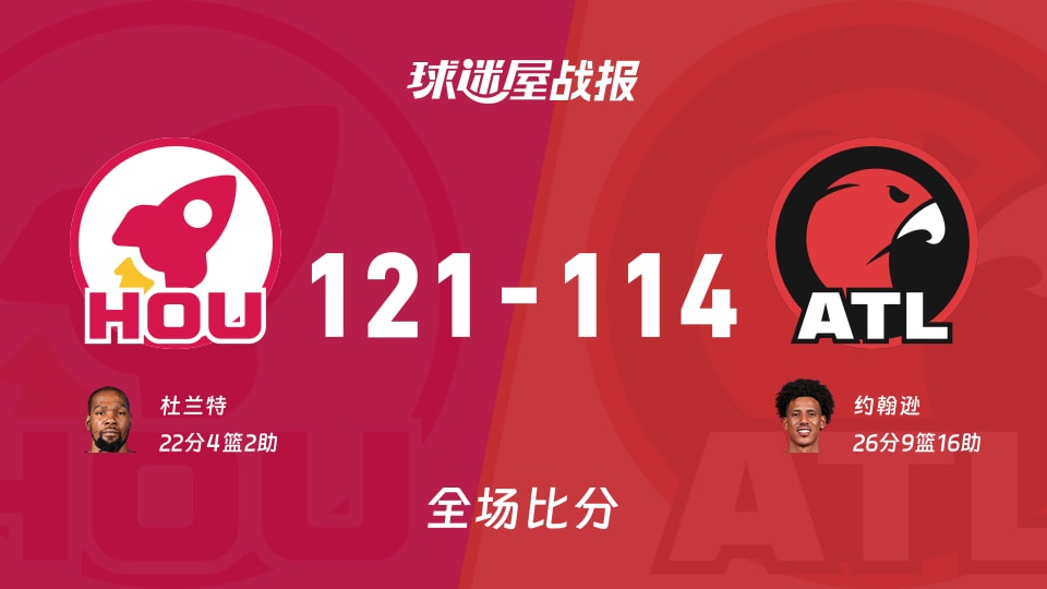 NBA常规赛：火箭以121-114战胜老鹰，杜兰特22+4+2